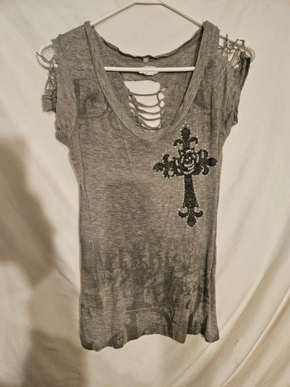 Distressed Gray Top with Beaded Cross Design